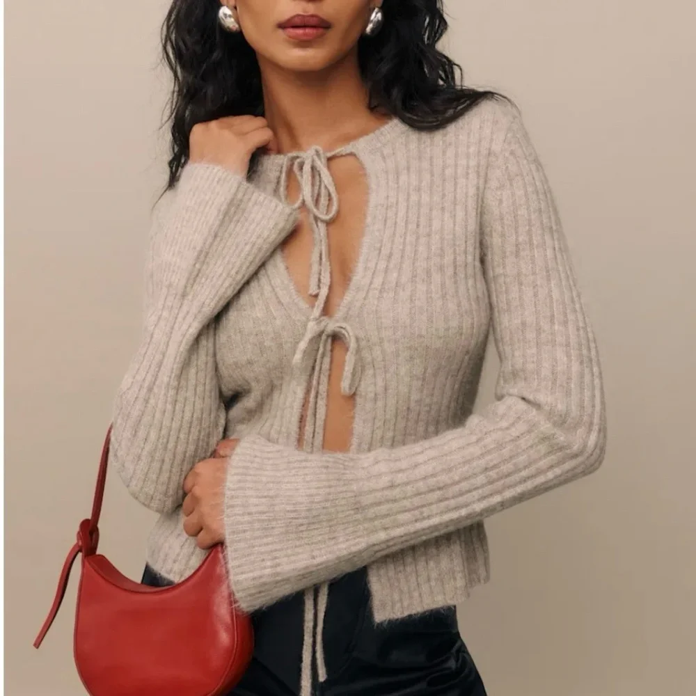 Reformation Rebecca Cashmere Alpaca Tie Front Cardigan Small in Barely Tan - Picture 6 of 8